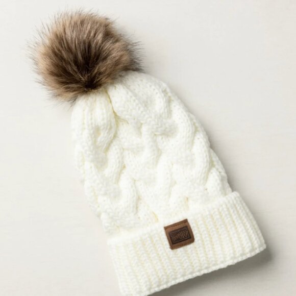 Soft Cozy Warm Cream Beanie Hat Neutral, Color Adorable Brown Pom Pom On Top - Picture 1 of 2